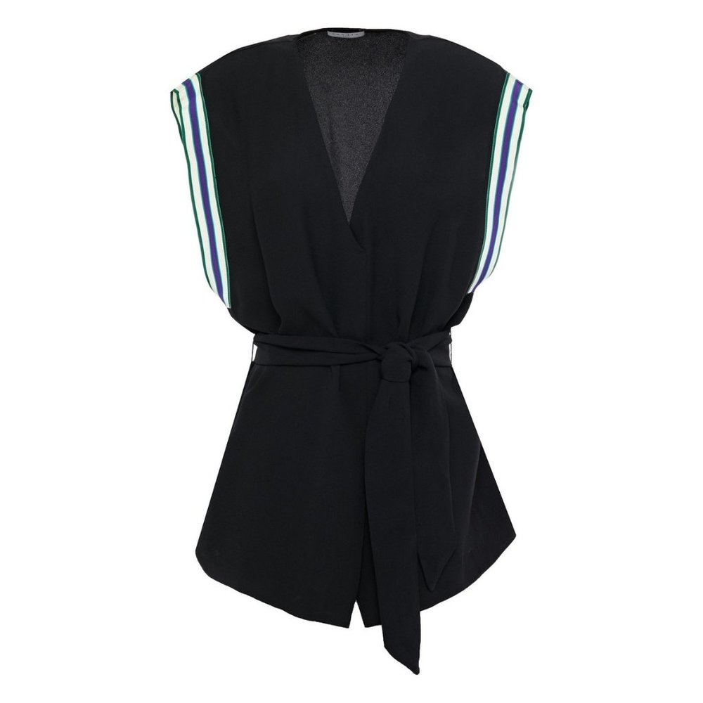 $250 SANDRO Sabra Belted Striped Grosgrain-trimmed Crepe Top Black Sz 3 = LARGE